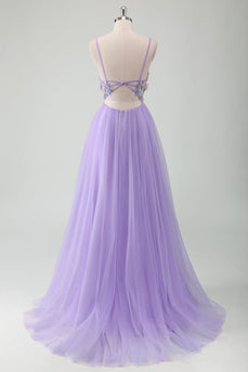 Glitter Purple Tulle A-Line Spaghetti Straps Open Back Long Prom Dress with Appliques