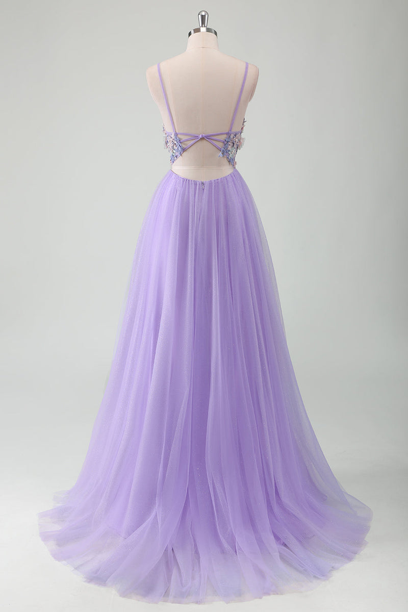 Load image into Gallery viewer, Glitter Purple Tulle A-Line Spaghetti Straps Open Back Long Prom Dress with Appliques