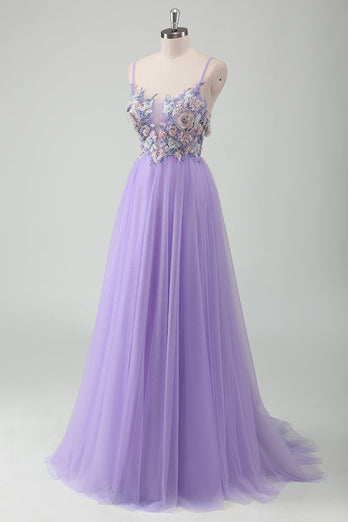 Glitter Purple Tulle A-Line Spaghetti Straps Open Back Long Prom Dress with Appliques