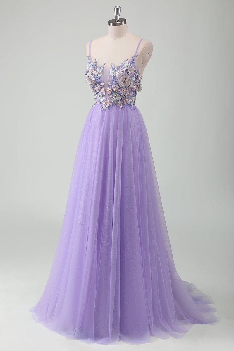 Load image into Gallery viewer, Glitter Purple Tulle A-Line Spaghetti Straps Open Back Long Prom Dress with Appliques