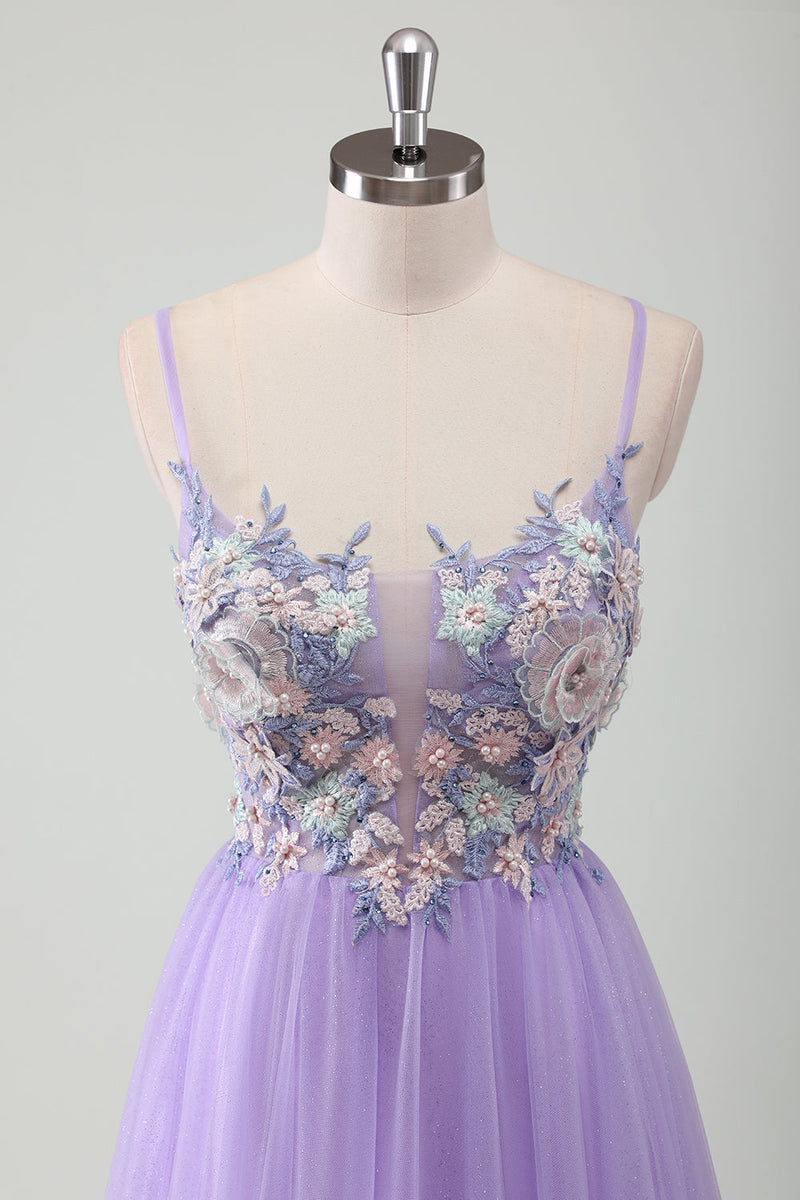 Load image into Gallery viewer, Glitter Purple Tulle A-Line Spaghetti Straps Open Back Long Prom Dress with Appliques