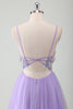 Load image into Gallery viewer, Glitter Purple Tulle A-Line Spaghetti Straps Open Back Long Prom Dress with Appliques