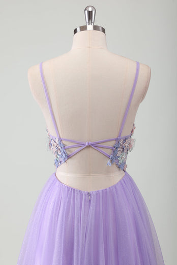 Glitter Purple Tulle A-Line Spaghetti Straps Open Back Long Prom Dress with Appliques