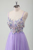 Load image into Gallery viewer, Glitter Purple Tulle A-Line Spaghetti Straps Open Back Long Prom Dress with Appliques