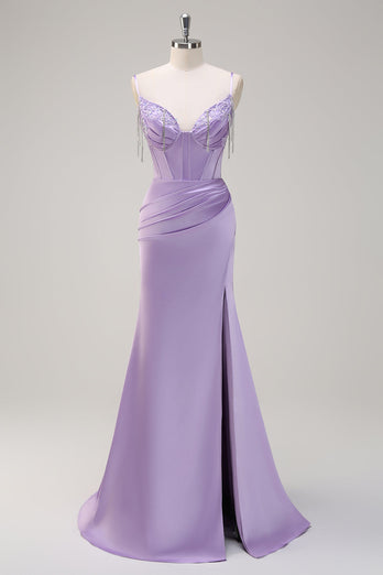 Lilac Mermaid Spaghetti Straps Ruched Corset Long Prom Dress With Beading