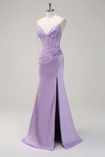 Lilac Mermaid Spaghetti Straps Ruched Corset Long Prom Dress With Beading