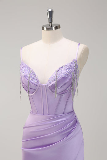 Lilac Mermaid Spaghetti Straps Ruched Corset Long Prom Dress With Beading