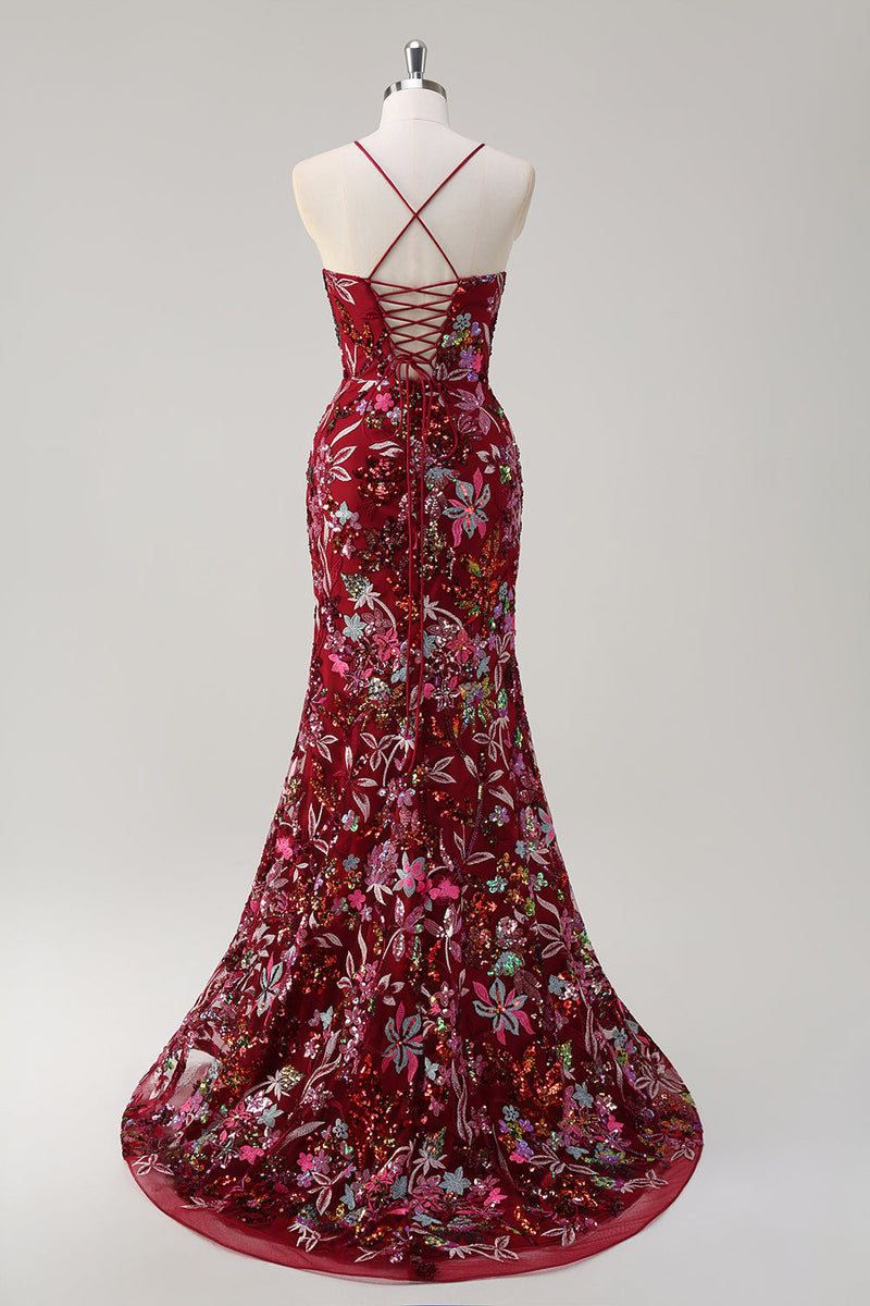 Load image into Gallery viewer, Sparkly Burgundy Mermaid Long Sequin Floral Prom Dress with Slit