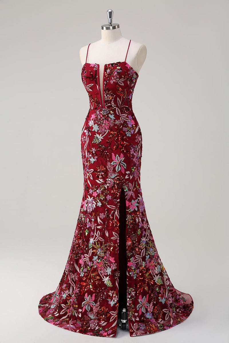 Load image into Gallery viewer, Sparkly Burgundy Mermaid Long Sequin Floral Prom Dress with Slit