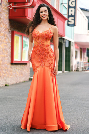 Orange Mermaid Corset Spaghetti Straps Beaded Long Prom Dress