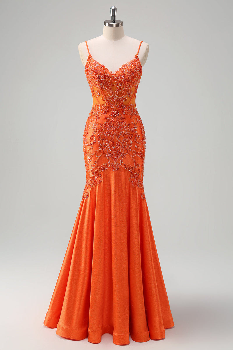 Load image into Gallery viewer, Orange Mermaid Corset Spaghetti Straps Beaded Long Prom Dress