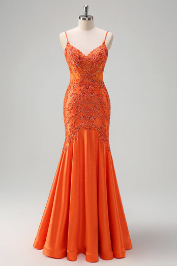 Orange Mermaid Spaghetti Straps Beaded Long Prom Dress