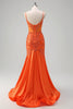 Load image into Gallery viewer, Orange Mermaid Spaghetti Straps Beaded Long Prom Dress