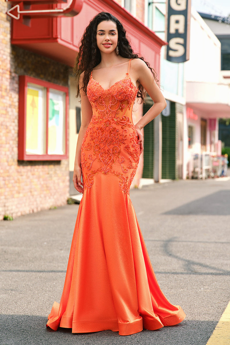 Load image into Gallery viewer, Orange Mermaid Corset Spaghetti Straps Beaded Long Prom Dress