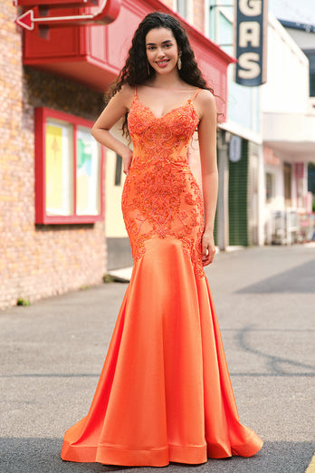 Orange Mermaid Corset Spaghetti Straps Beaded Long Prom Dress