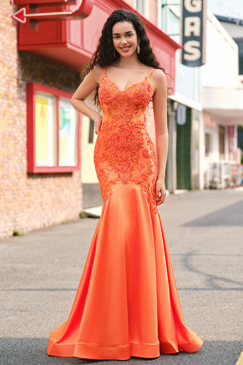 Load image into Gallery viewer, Orange Mermaid Corset Spaghetti Straps Beaded Long Prom Dress