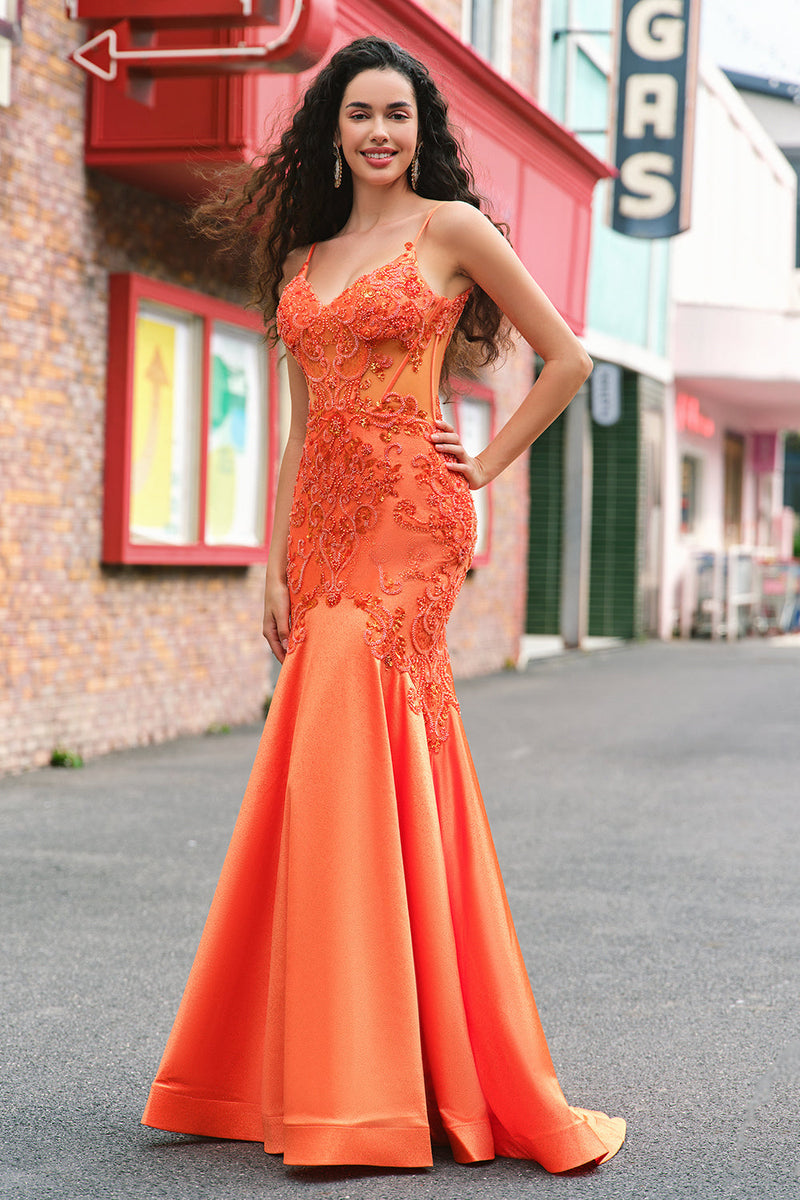 Load image into Gallery viewer, Orange Mermaid Corset Spaghetti Straps Beaded Long Prom Dress