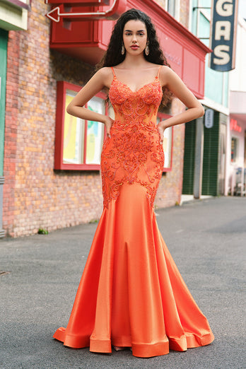 Orange Mermaid Corset Spaghetti Straps Beaded Long Prom Dress