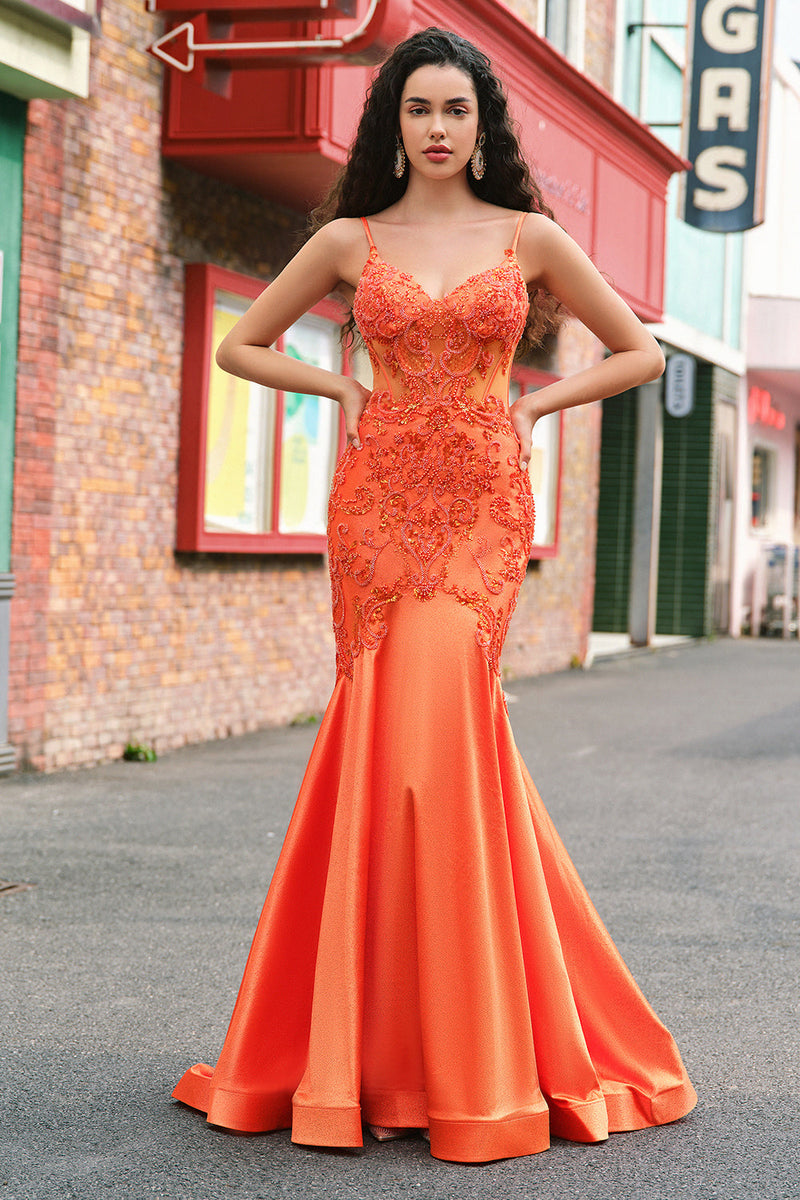 Load image into Gallery viewer, Orange Mermaid Corset Spaghetti Straps Beaded Long Prom Dress