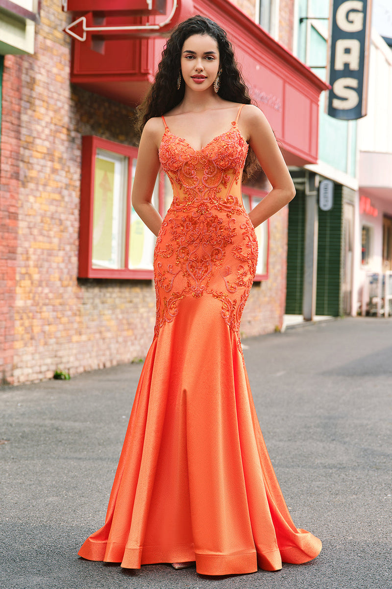 Load image into Gallery viewer, Orange Mermaid Corset Spaghetti Straps Beaded Long Prom Dress