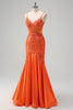 Load image into Gallery viewer, Orange Mermaid Spaghetti Straps Beaded Long Prom Dress