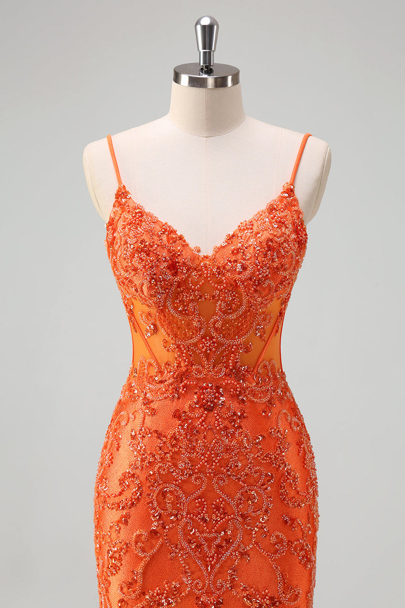 Load image into Gallery viewer, Orange Mermaid Spaghetti Straps Beaded Long Prom Dress