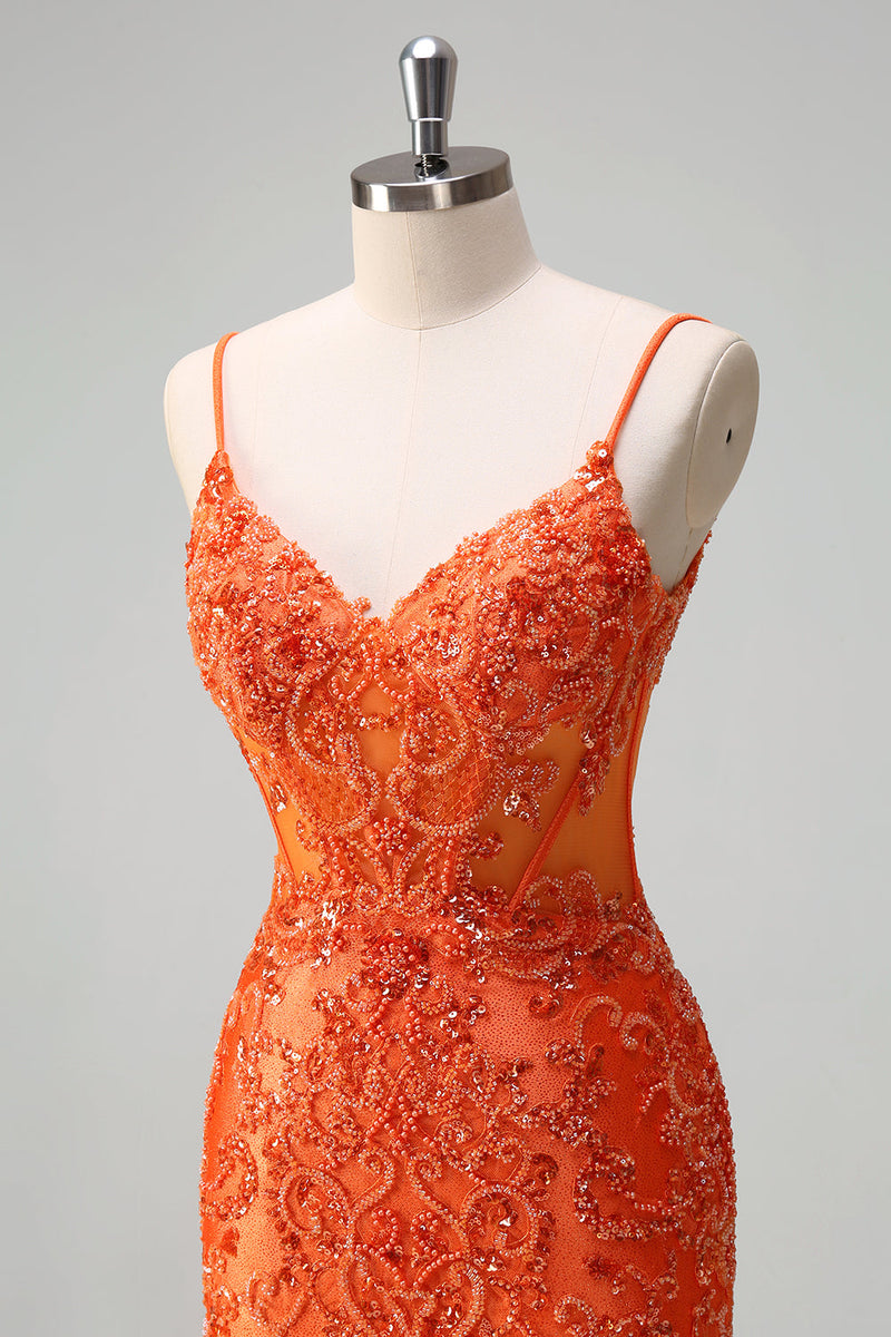 Load image into Gallery viewer, Orange Mermaid Spaghetti Straps Beaded Long Prom Dress