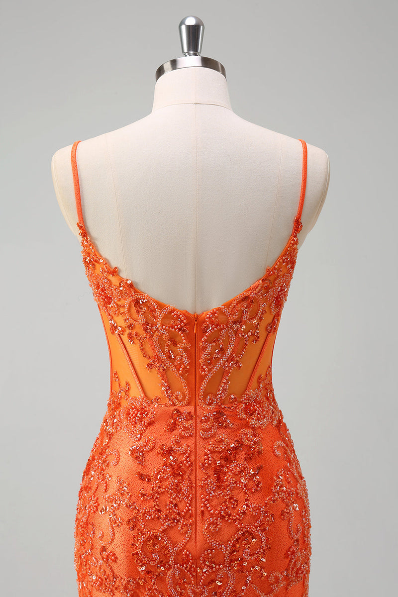 Load image into Gallery viewer, Orange Mermaid Spaghetti Straps Beaded Long Prom Dress