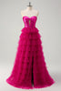 Load image into Gallery viewer, Cute Fuchsia Sweetheart Keyhole Tiered Tulle Long Princess Prom Dresses with Slit