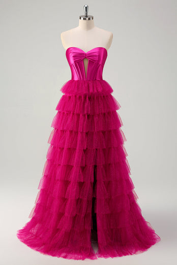 Cute Fuchsia Sweetheart Keyhole Tiered Tulle Long Princess Prom Dresses with Slit