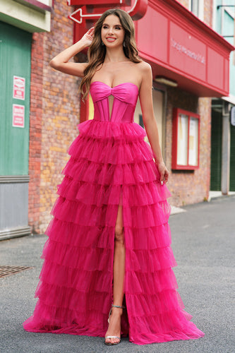 Fuchsia Princess Strapless Cut Out Tiered Tulle Long Prom Dresses