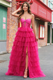Cute Fuchsia Sweetheart Keyhole Tiered Tulle Long Princess Prom Dresses with Slit