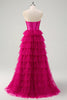 Load image into Gallery viewer, Cute Fuchsia Sweetheart Keyhole Tiered Tulle Long Princess Prom Dresses with Slit