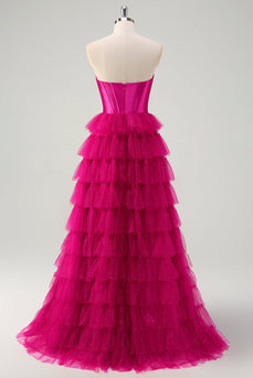 Cute Fuchsia Sweetheart Keyhole Tiered Tulle Long Princess Prom Dresses with Slit