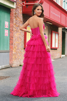 Fuchsia Princess Strapless Cut Out Tiered Tulle Long Prom Dresses