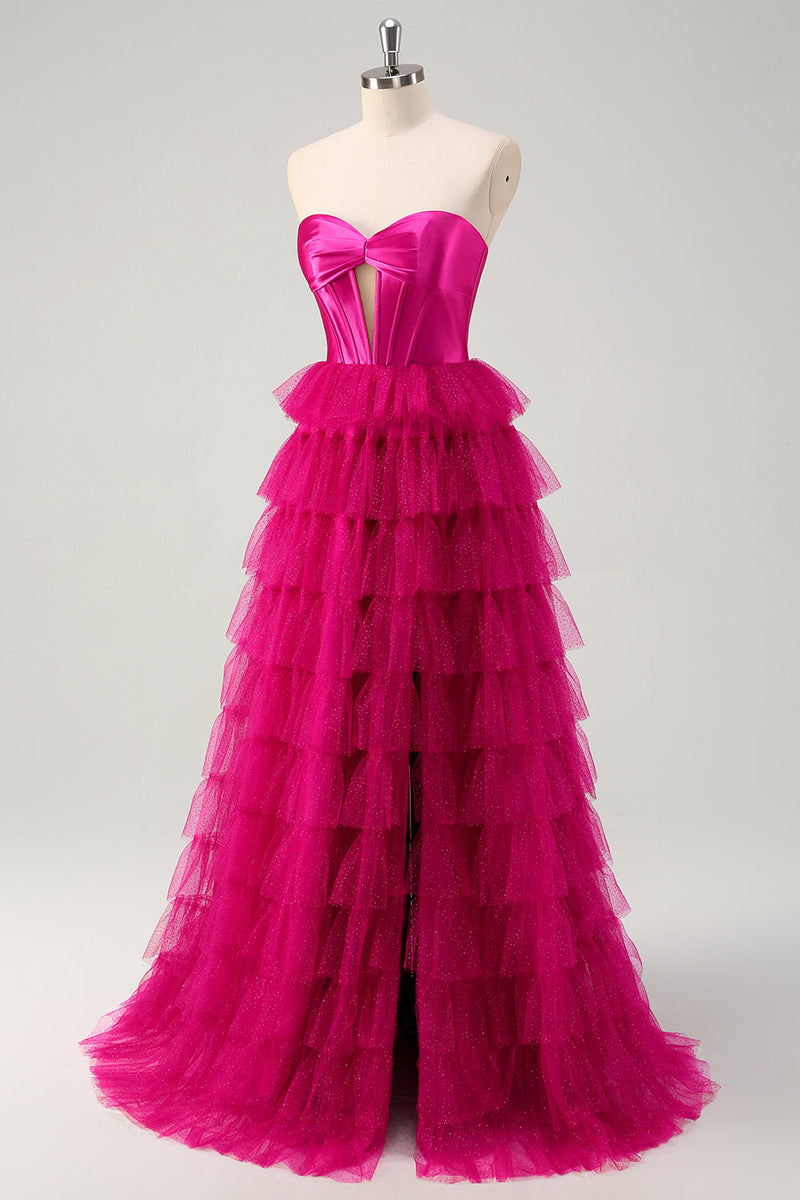 Load image into Gallery viewer, Cute Fuchsia Sweetheart Keyhole Tiered Tulle Long Princess Prom Dresses with Slit