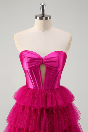 Cute Fuchsia Sweetheart Keyhole Tiered Tulle Long Princess Prom Dresses with Slit