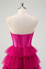 Load image into Gallery viewer, Cute Fuchsia Sweetheart Keyhole Tiered Tulle Long Princess Prom Dresses with Slit