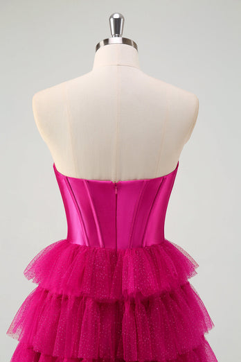 Cute Fuchsia Sweetheart Keyhole Tiered Tulle Long Princess Prom Dresses with Slit