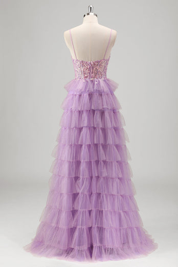 Glitter A Line Tiered Lilac Sequins Prom Dress with Slit