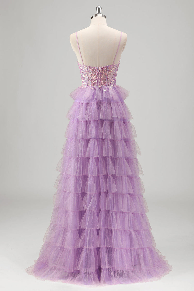 Load image into Gallery viewer, Glitter A Line Tiered Lilac Sequins Prom Dress with Slit