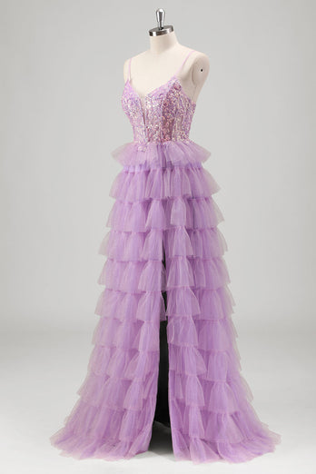 Glitter A Line Tiered Lilac Sequins Prom Dress with Slit