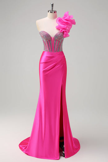 Fuchsia Mermaid One Shoulder Removable Ruffles Long Prom Dress with Slit