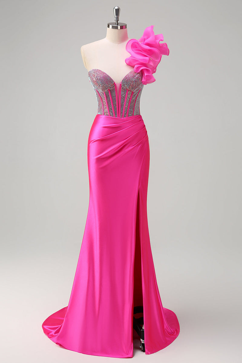 Load image into Gallery viewer, Fuchsia Mermaid One Shoulder Removable Ruffles Long Prom Dress with Slit