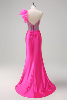 Fuchsia Mermaid One Shoulder Removable Ruffles Long Prom Dress with Slit