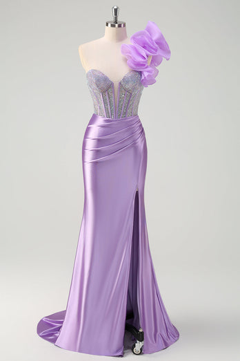 Lilac Mermaid Beaded Corset One Shoulder Long Prom Dress