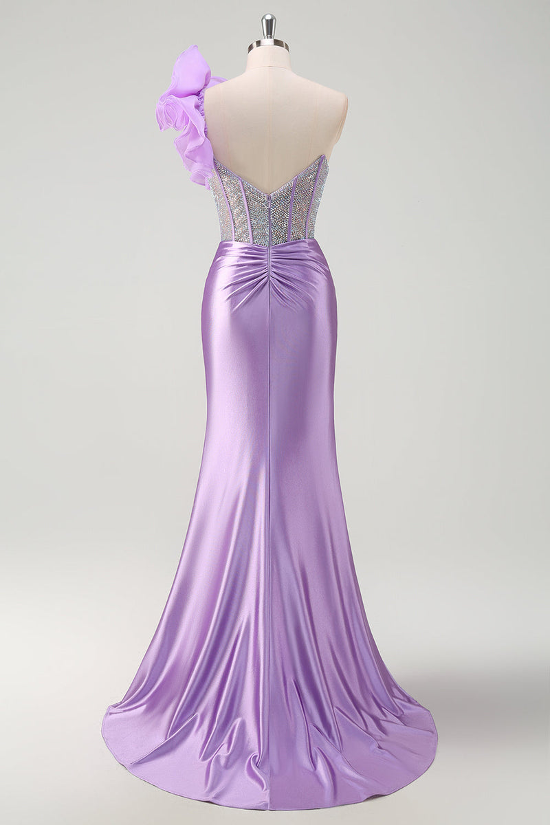 Load image into Gallery viewer, Fuchsia Mermaid One Shoulder Removable Ruffles Long Prom Dress with Slit