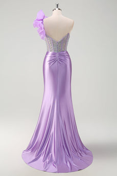 Sparkly Lilac Mermaid Beaded Corset One Shoulder Long Prom Dress with Slit