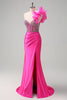 Load image into Gallery viewer, Fuchsia Mermaid One Shoulder Removable Ruffles Long Prom Dress with Slit