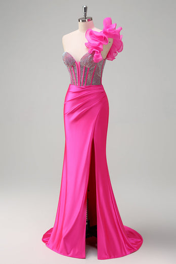 Fuchsia Mermaid One Shoulder Removable Ruffles Long Prom Dress with Slit